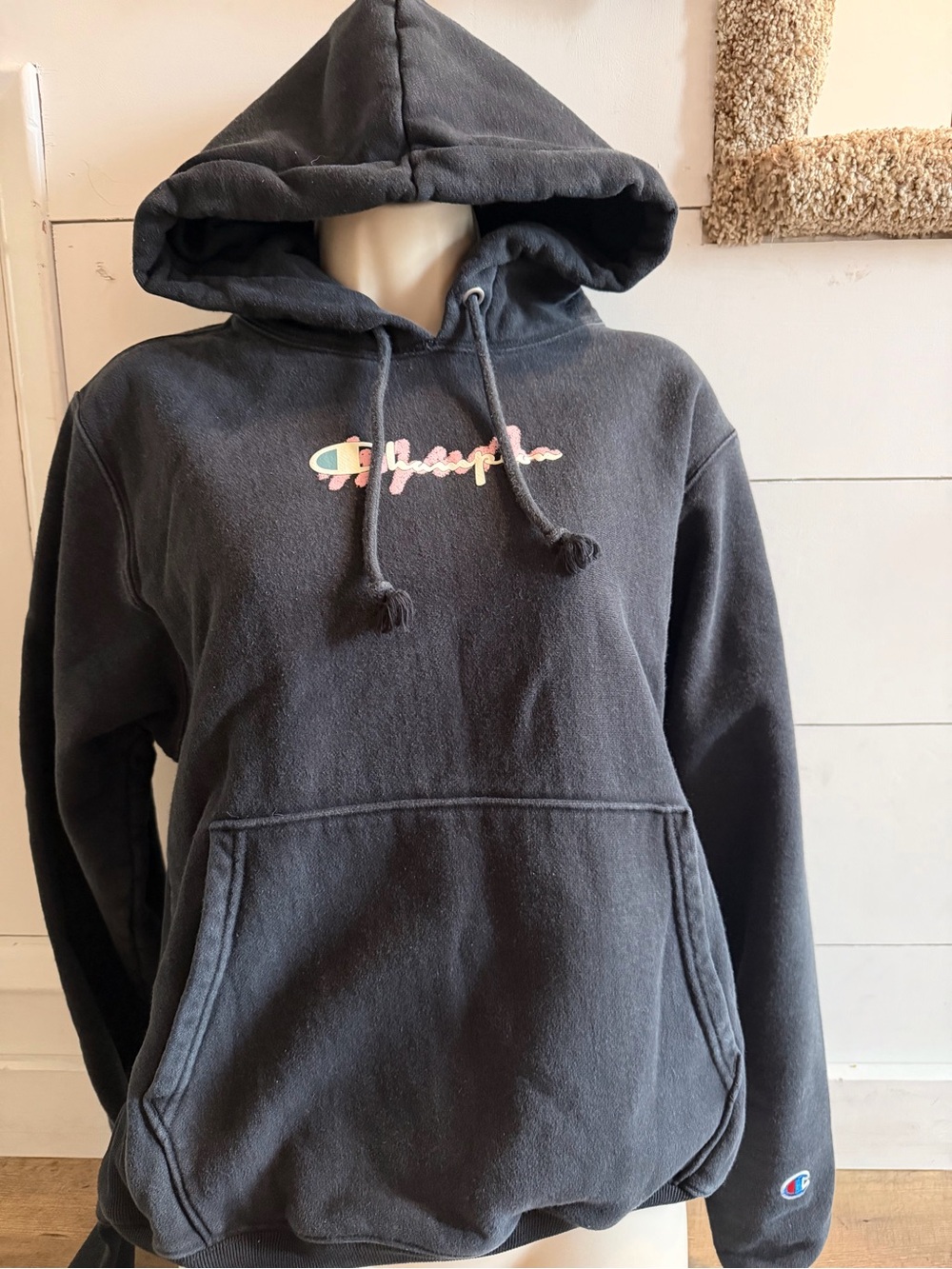 Unisex Champion Reverse Weave Black Stacked Scribble Hoodie Small S2974